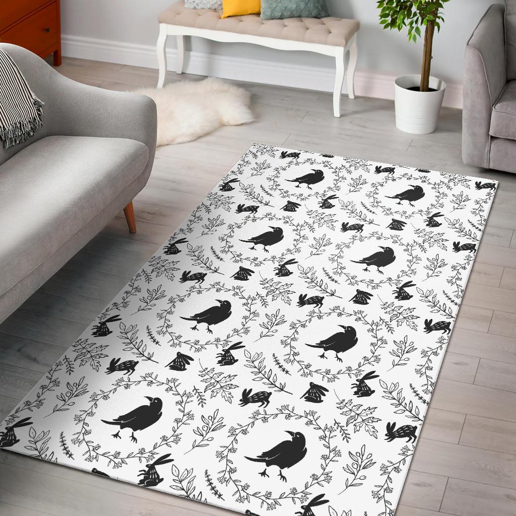 Crows Floral Wreath Rabbit Pattern Area Rug