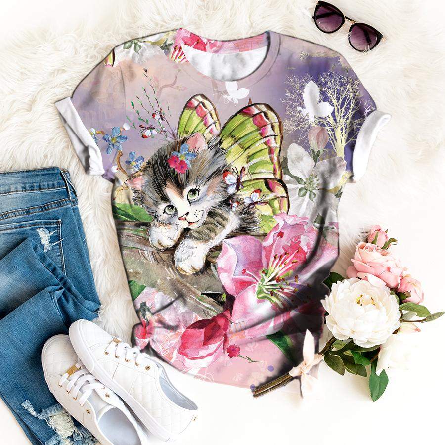 Cat Kitten And Butterflies And Flowers T-shirt