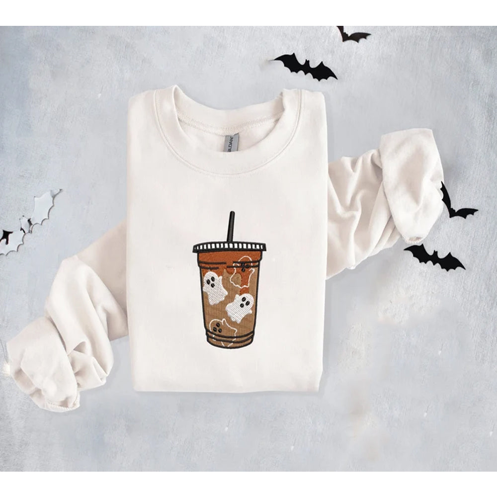 Ghost Iced Coffee Halloween Embroidered Sweatshirt 2D Crewneck Sweatshirt All Over Print Sweatshirt For Women Sweatshirt For Men Sws4301