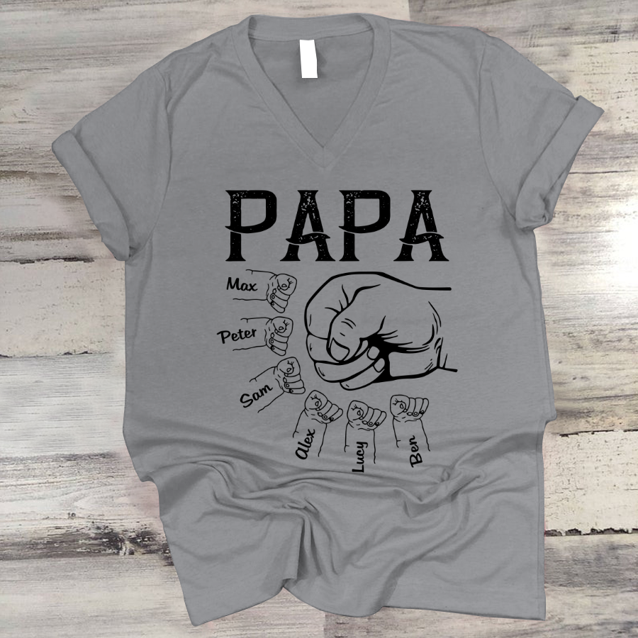 Papa Grandpa With Grandkids Hand To Hands Custom V-Neck