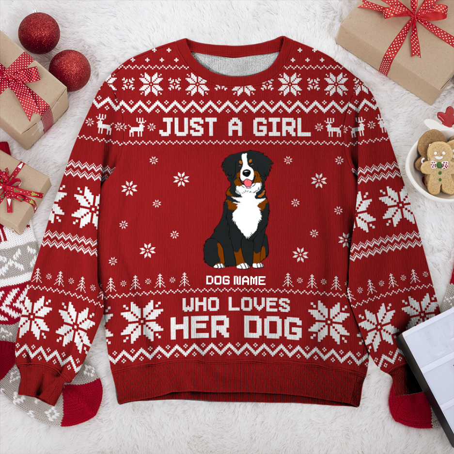 Bernese Mountain Just A Girl Personalized Sweater, Dog Ugly Christmas Sweater