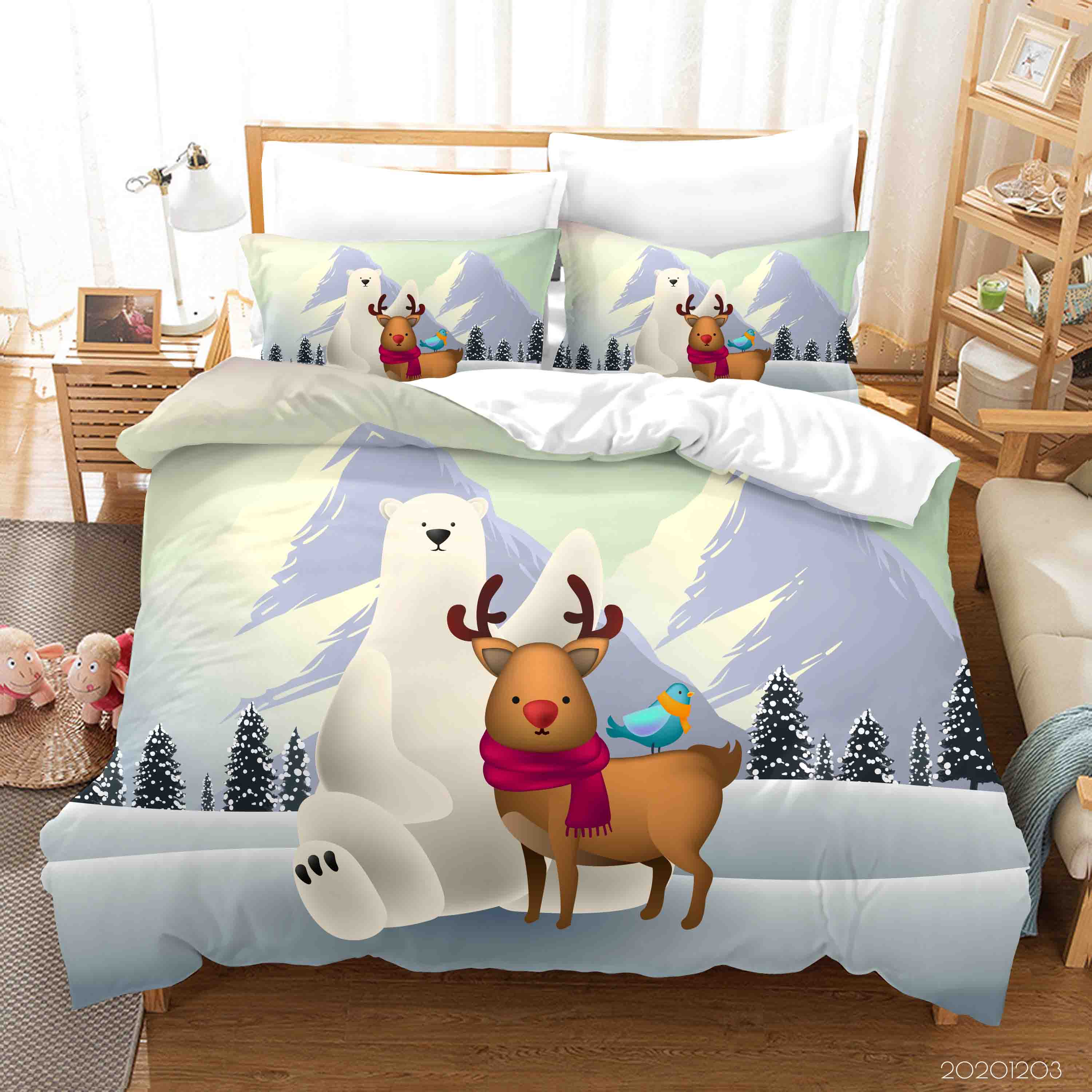 3D Cartoon Ice Mountain Fir Plant Polar Bear Reindeer Animal Quilt Cover Set Bedding Set Duvet Cover Pillowcases Lxl