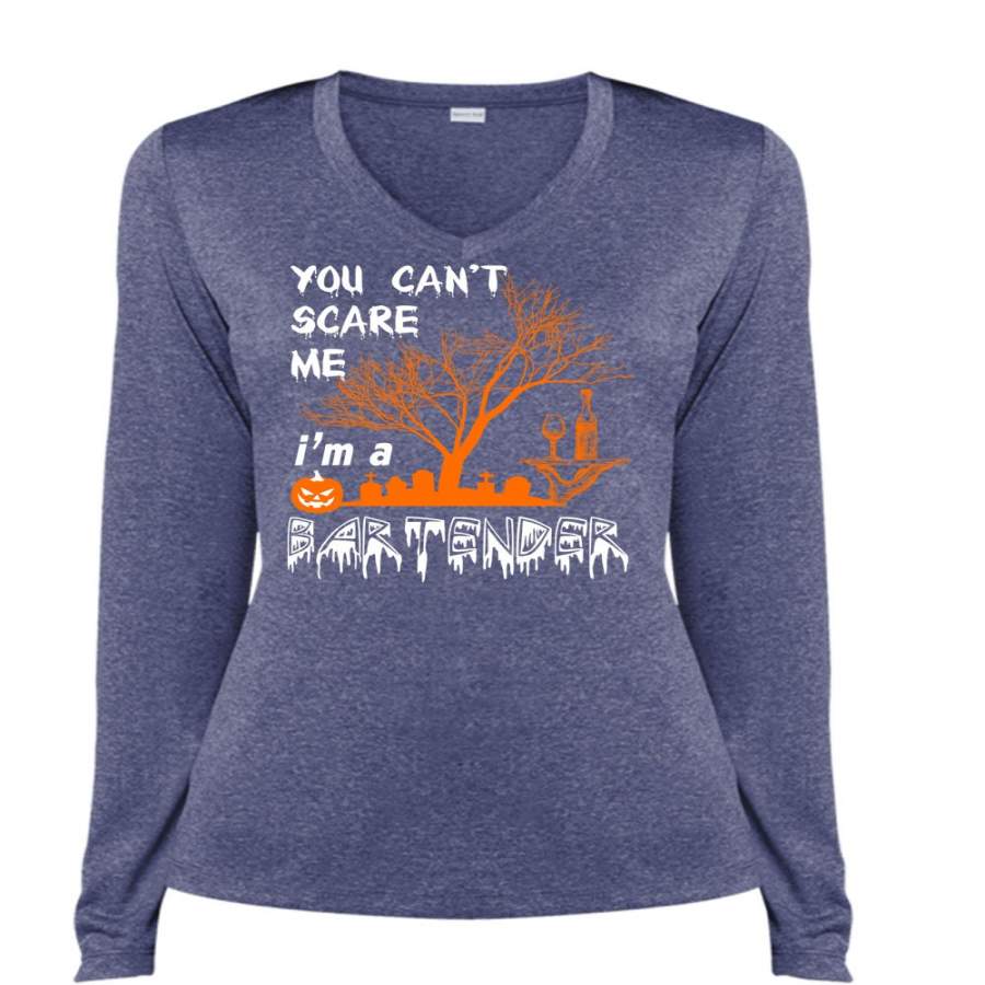 You Can’t Scare Me T Shirt, I’m A Bartender T Shirt, Cool Shirt (Ladies LS Heather V-Neck)