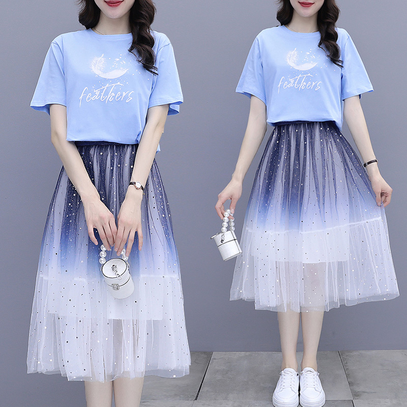 Women Gradient color Summer Tulle Skirt Two piece Sets Printted Cotton Tshirt With Sequined Long Maxi Mesh Skirt Suits alx