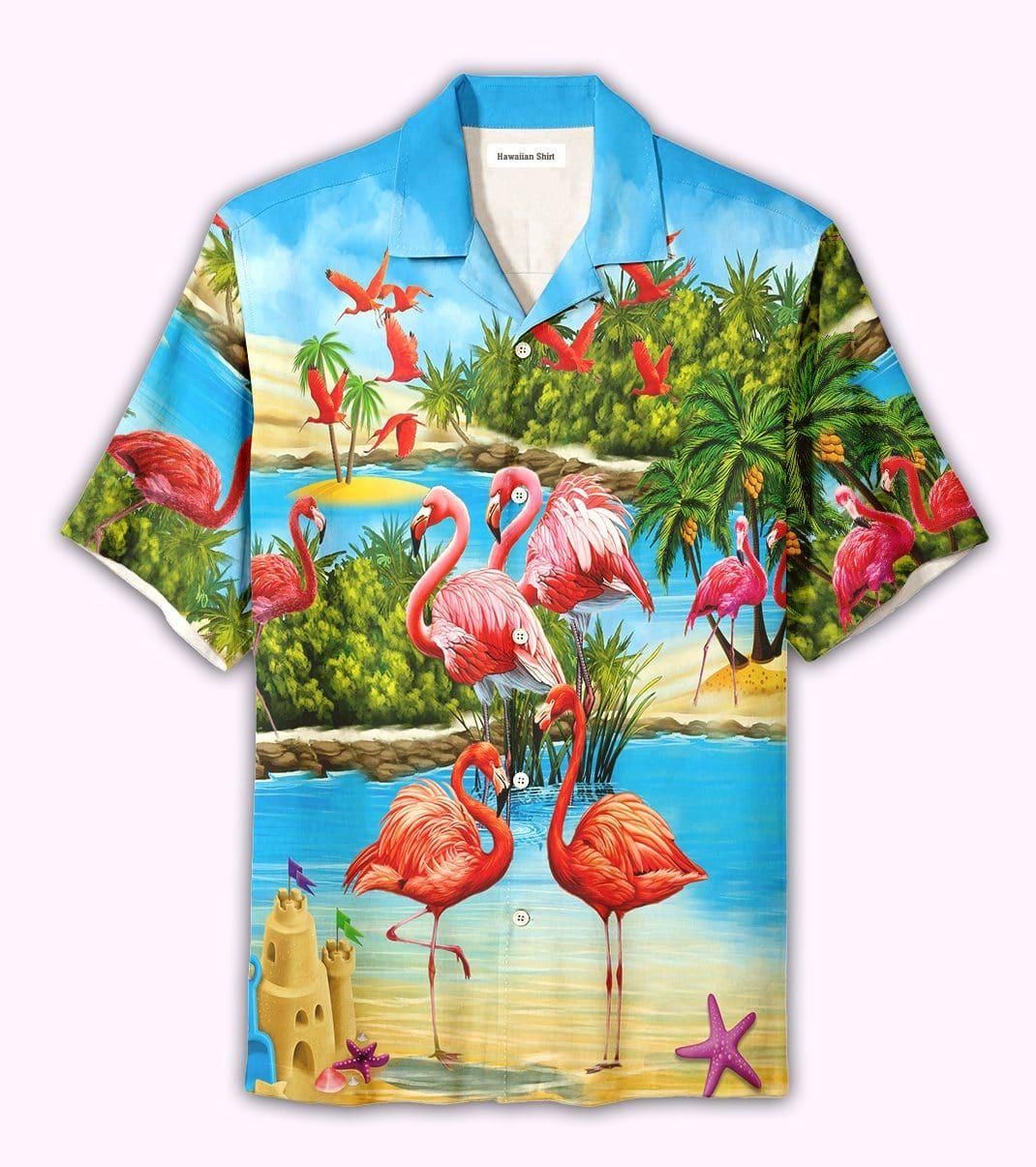 Beautiful Flamingo On The Beach Blue And Pink Aloha Hawaiian Shirt Colorful Short Sleeve Summer Beach Casual Shirt For Men And Women