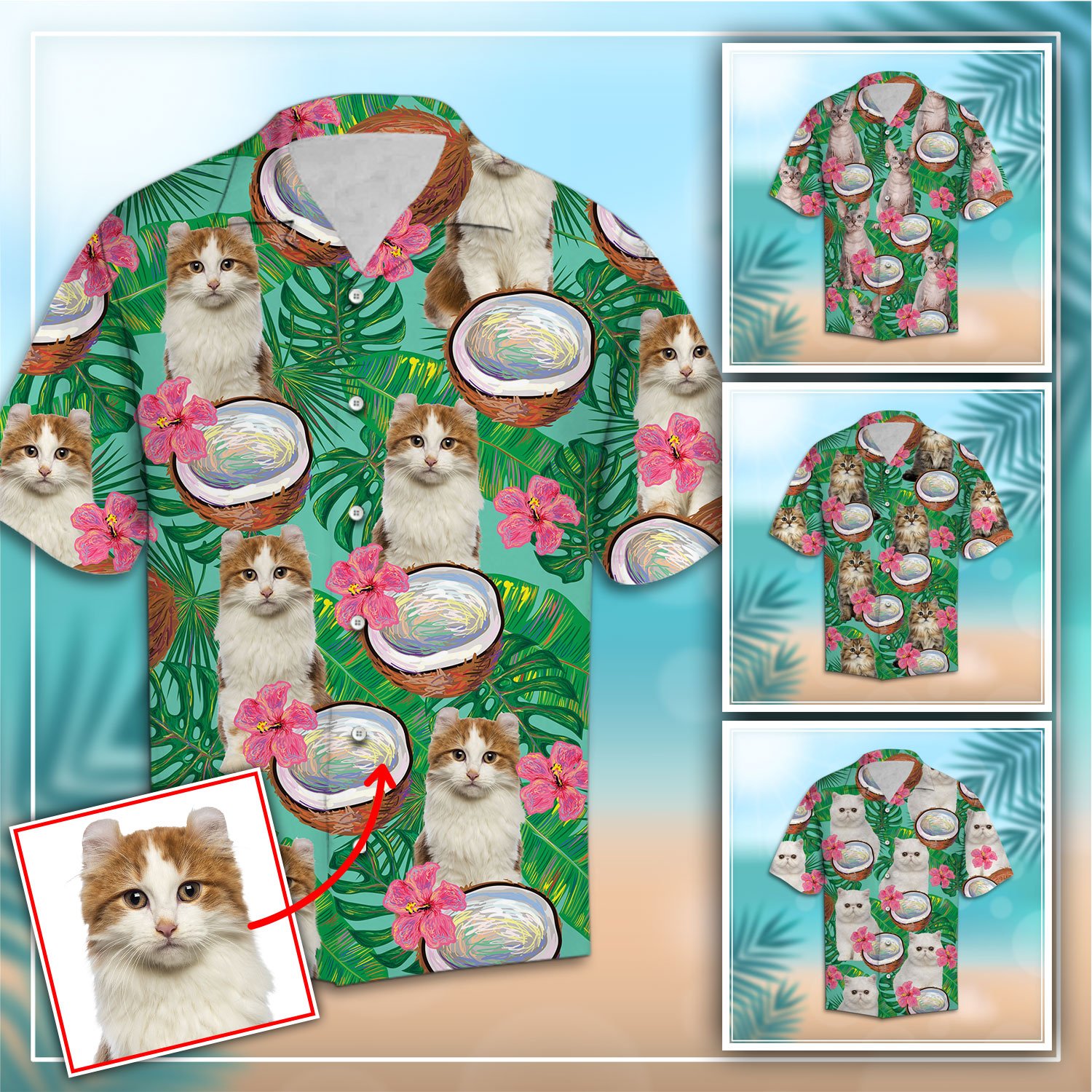 Custom Photo Cat Coconut Tropical Hawaii Shirt Ha77490