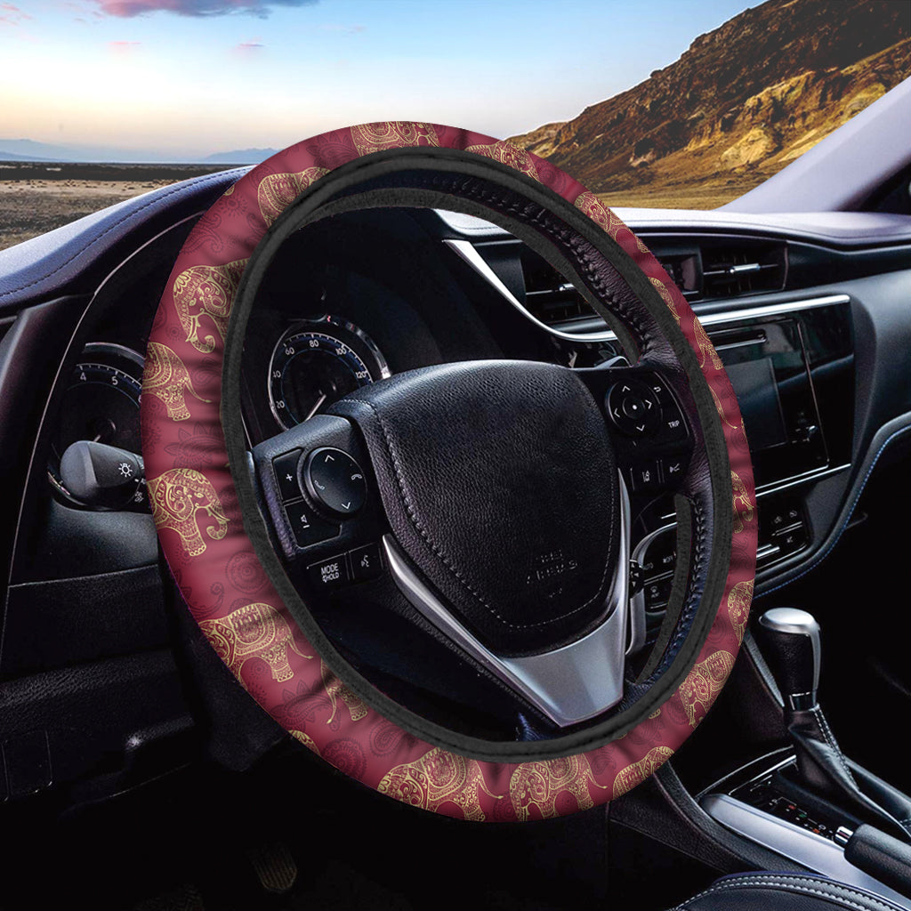 Gold And Red Boho Elephant Print Car Steering Wheel Cover