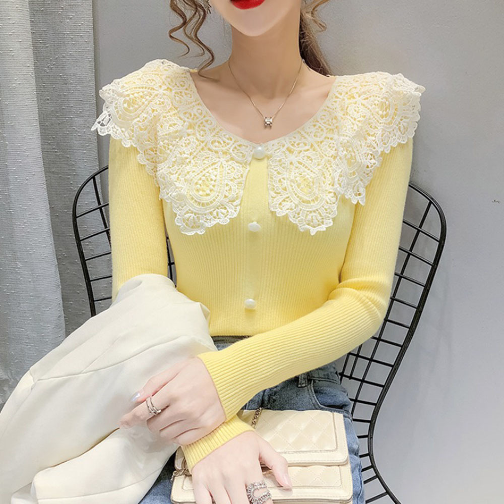 Sweet Autumn Spring Style Women Knitted Pullover Tops Lady Casual Long Sleeve Peter Pan Collar Sweater Pullover alx