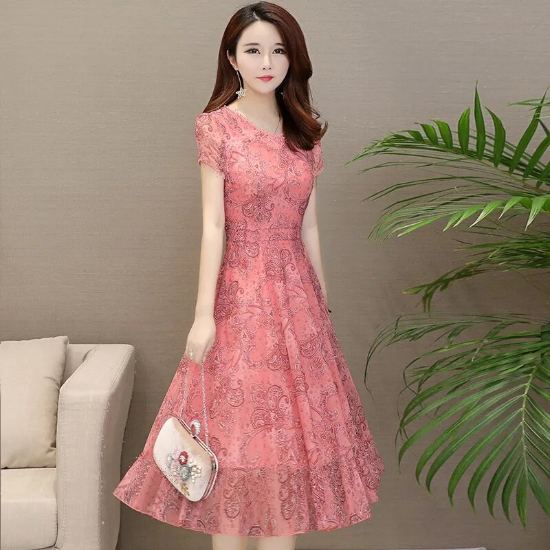 Summer Elegant V Neck Mesh Print Dress Women Casual Thin Short Sleeve Knee-Length Plus Size 4Xl A-Line Dresses Vestidos De Mujer alx