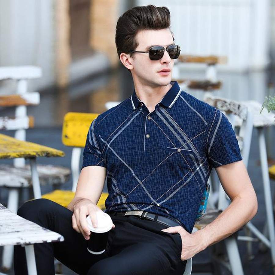 Polo Shirt Men Striped Business Slim Fit Man Short Sleeve Collar Shirt Summer Mens Clothing