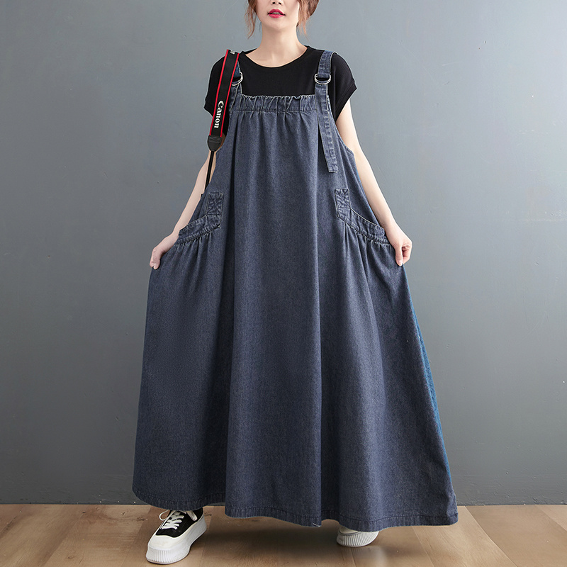 #2469 Blue Sleeveless Spaghetti Straps Dress Women Denim Dresses Loose Long Jeans Dress Female Pockets Vintage Spring Summer alx