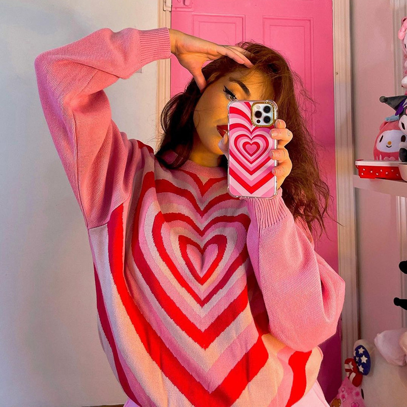 Aesthetics embroidery Heart Top women cute knit Y2k Sweater oversize vintage High street Splice Blouse Winter Women’s sweater alx