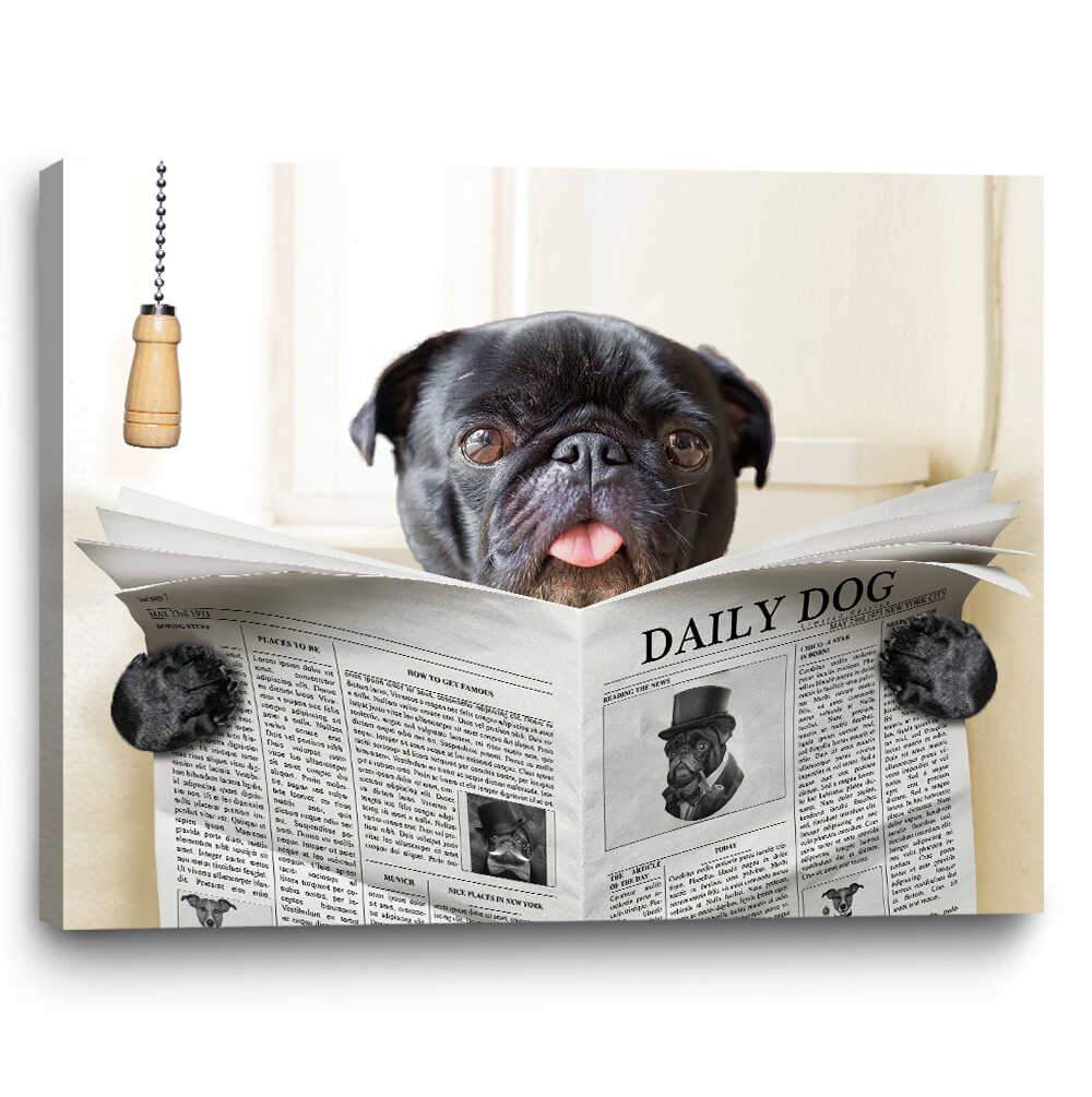 Dog Reading Newspaper On Toilet Dog Prints On Canvas Dog Bathroom Wall ...