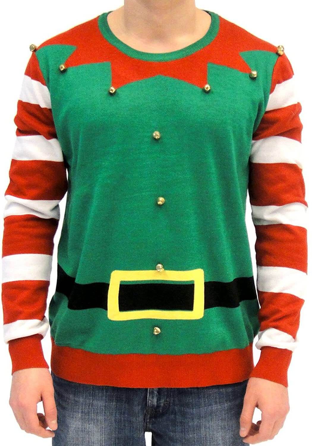 Ugly Christmas Sweater Elf With Bells Adult Green And Red Costume Sweater