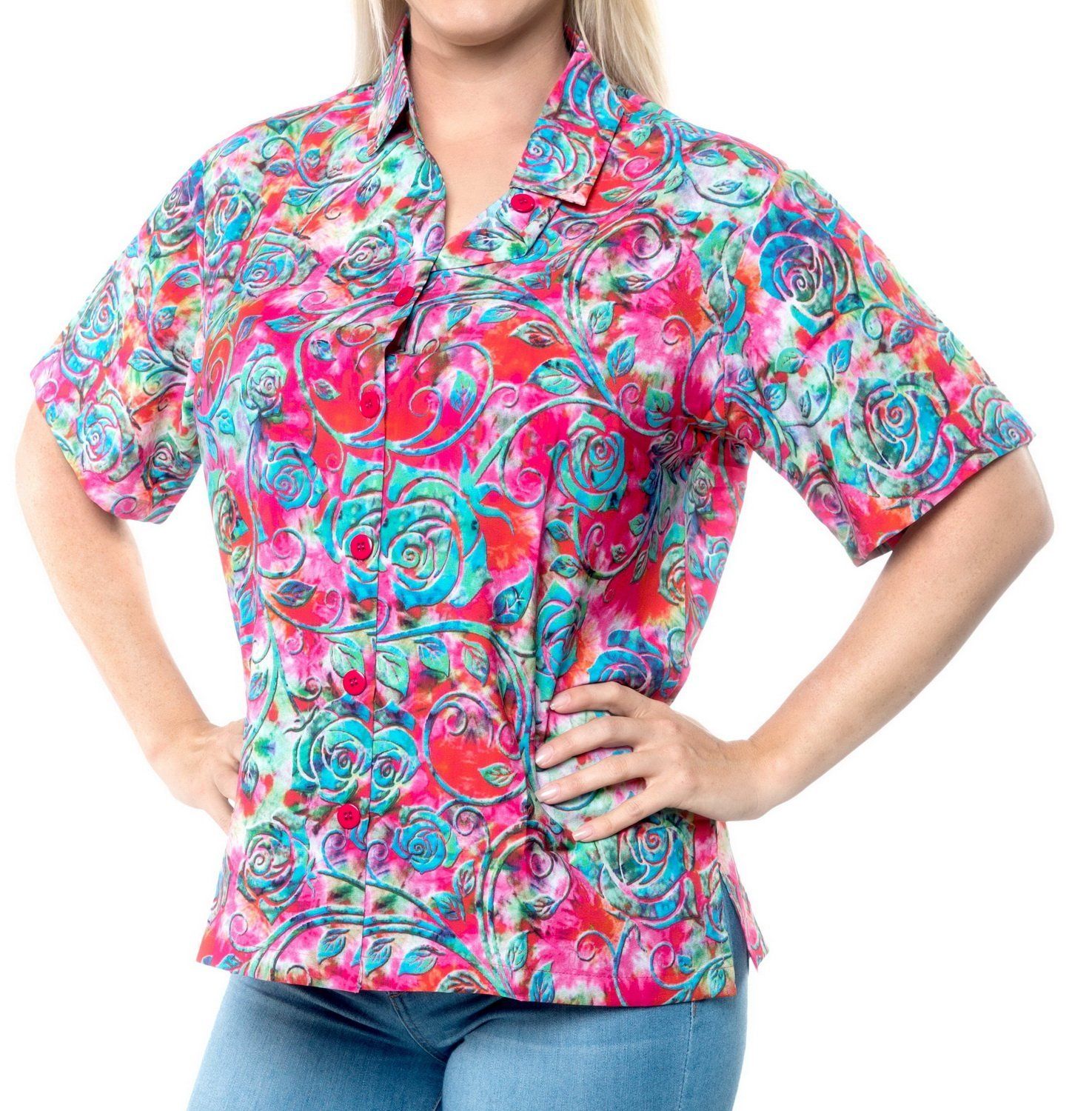 La Leela Beach Casual Hawaii Blouse Short Sleeve Button Down Shirt Tropical Pink Ha66304