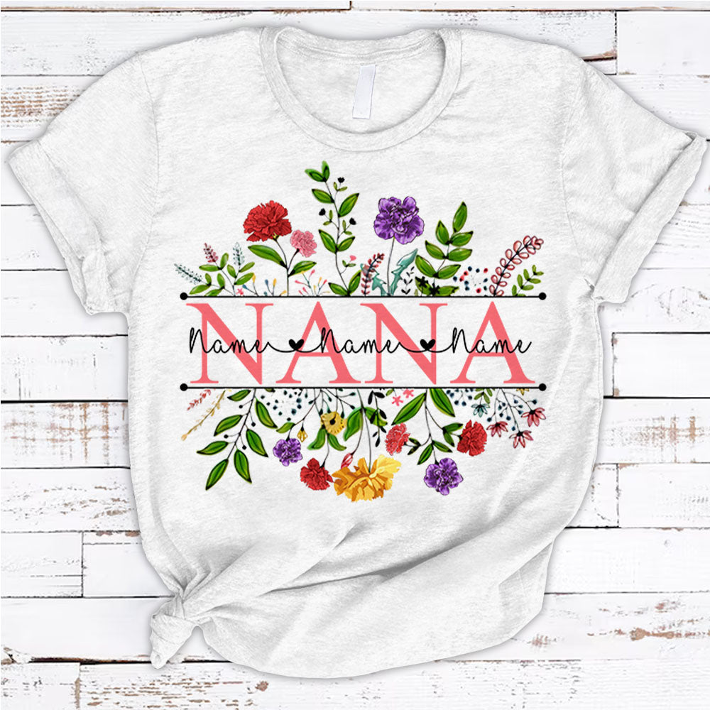 Personalized Carnation Wildflowers Mimi Shirt, Nana Shirt With Grandkid Names For Grandma