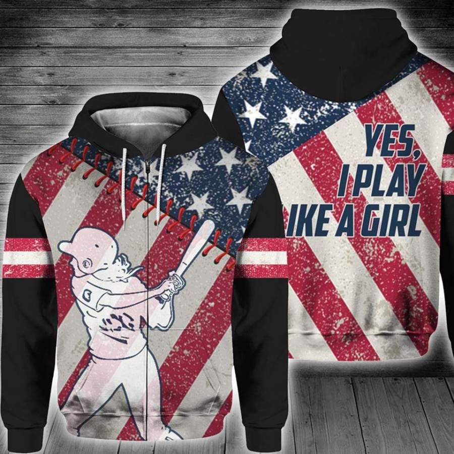 Yes I play like a girl Softball American Flag Hoodie 3D All Over Print