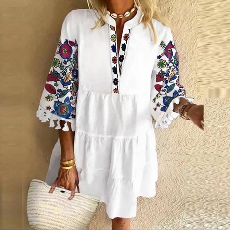 V Neck Three Quarter Sleeve Women’s Summer Fashion Tassel Mid Dress 2022 New Street Lace Patchwork Loose Print Basic Woman Dress alx