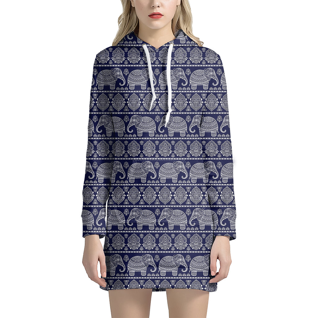 White And Blue Indian Elephant Print Women’S Pullover Hoodie Dress