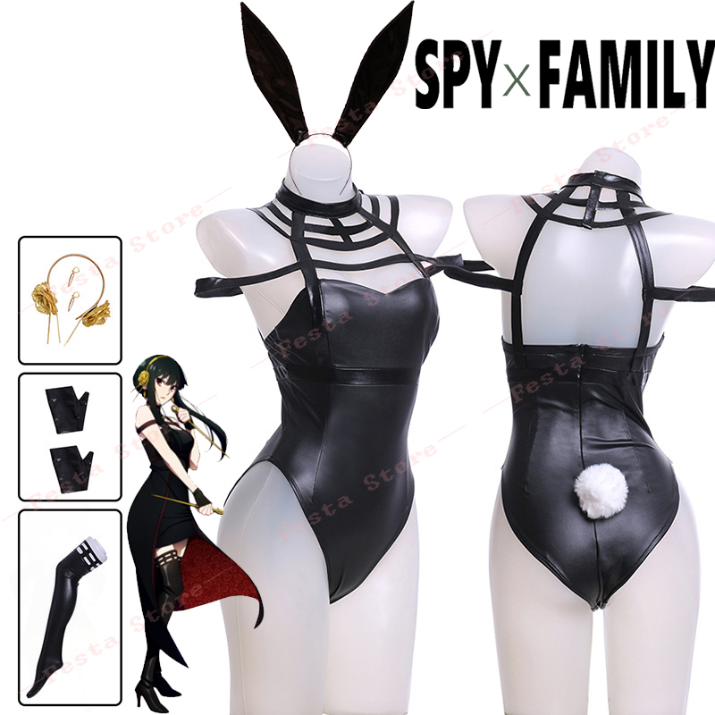 Anime SPY X FAMILY Yor Forger Bunny Girl Cosplay Costume Wig Sexy Black Leather Dress Rabbit Ear Hair Accessories Gloves Socks alx