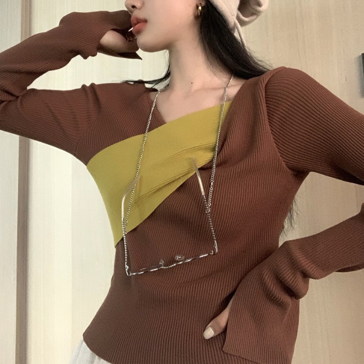 Women Sweater Color Blocking Sexy Knitwear Long Sleeve Irregular Collar Casual Fashion Pullover Solid Color Tops Dropshipping alx