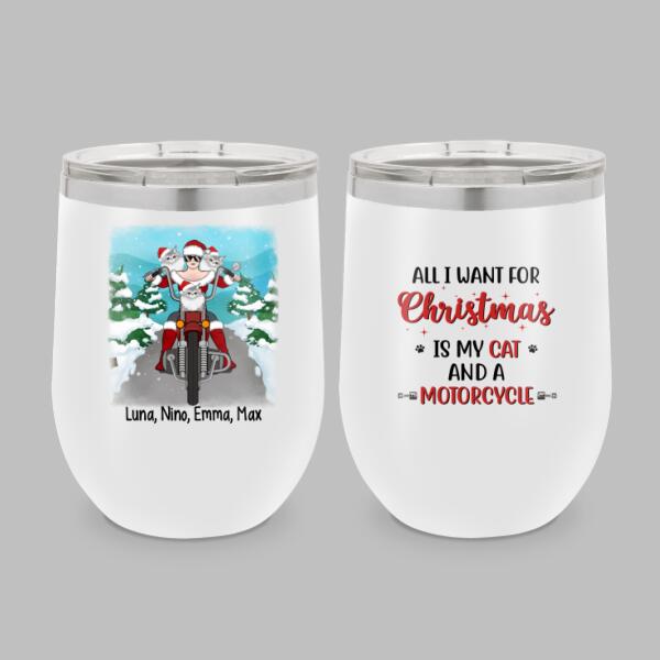 Personalized Wine Tumbler, Motorcycle Girl With Cats, Christmas Gift For Bikers And Cat Lovers