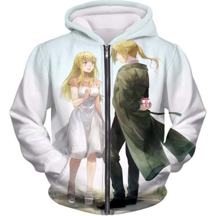 Fullmetal Alchemist Fullmetal Alchemist Super Cute Couple Edward x Winry Amazing White Zip Up Hoodie