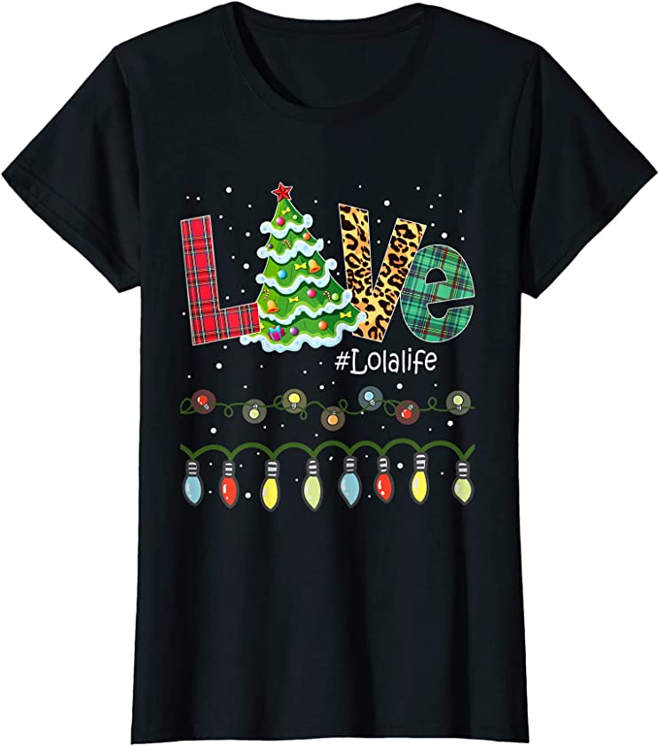 Womens Christmas Tree Love Grandma Lola Life Buffalo Leopard T-Shirt