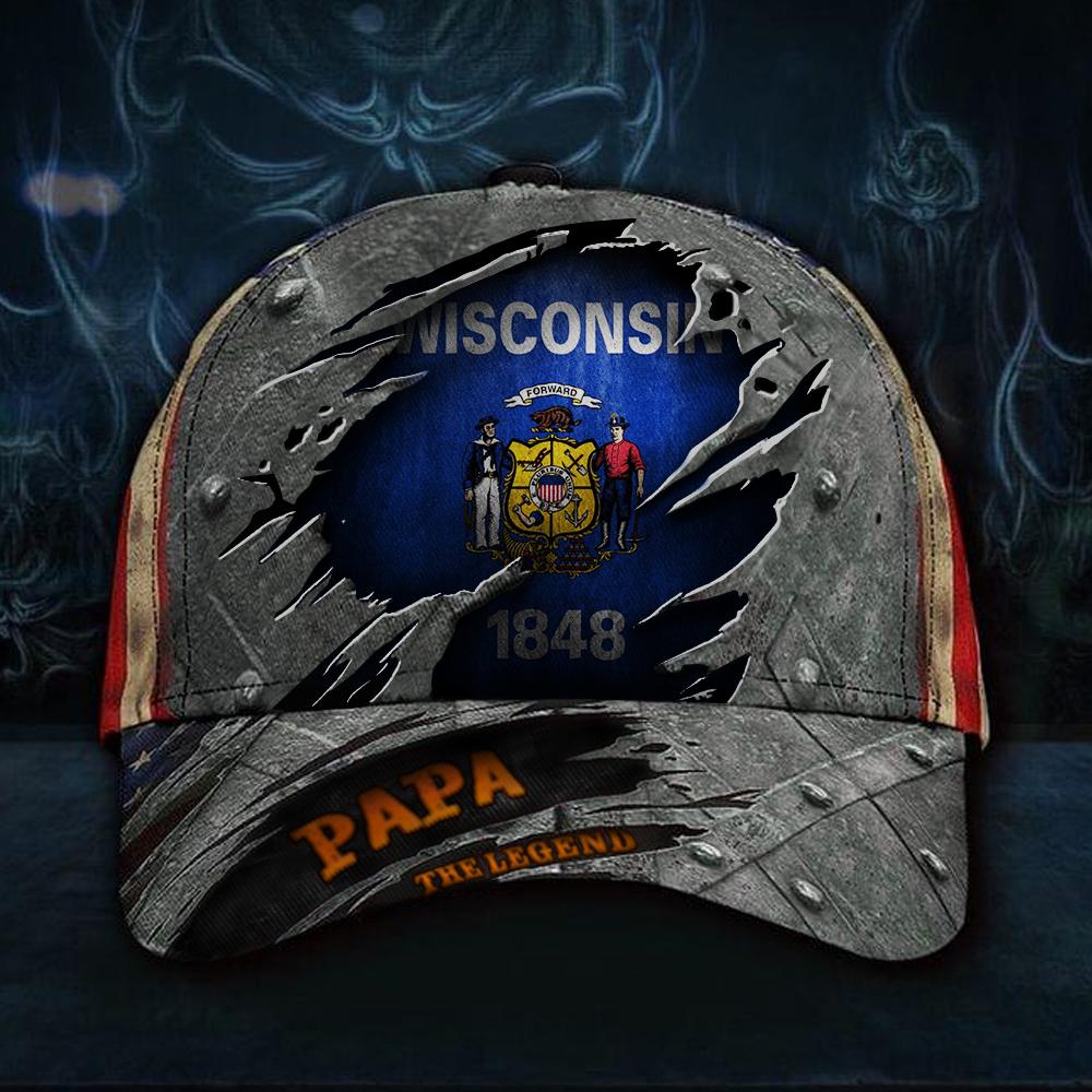 Wisconsin Papa The Legend 3D Hat Vintage USA Flag Cap Dad Day Gift Father’s Day Ideas