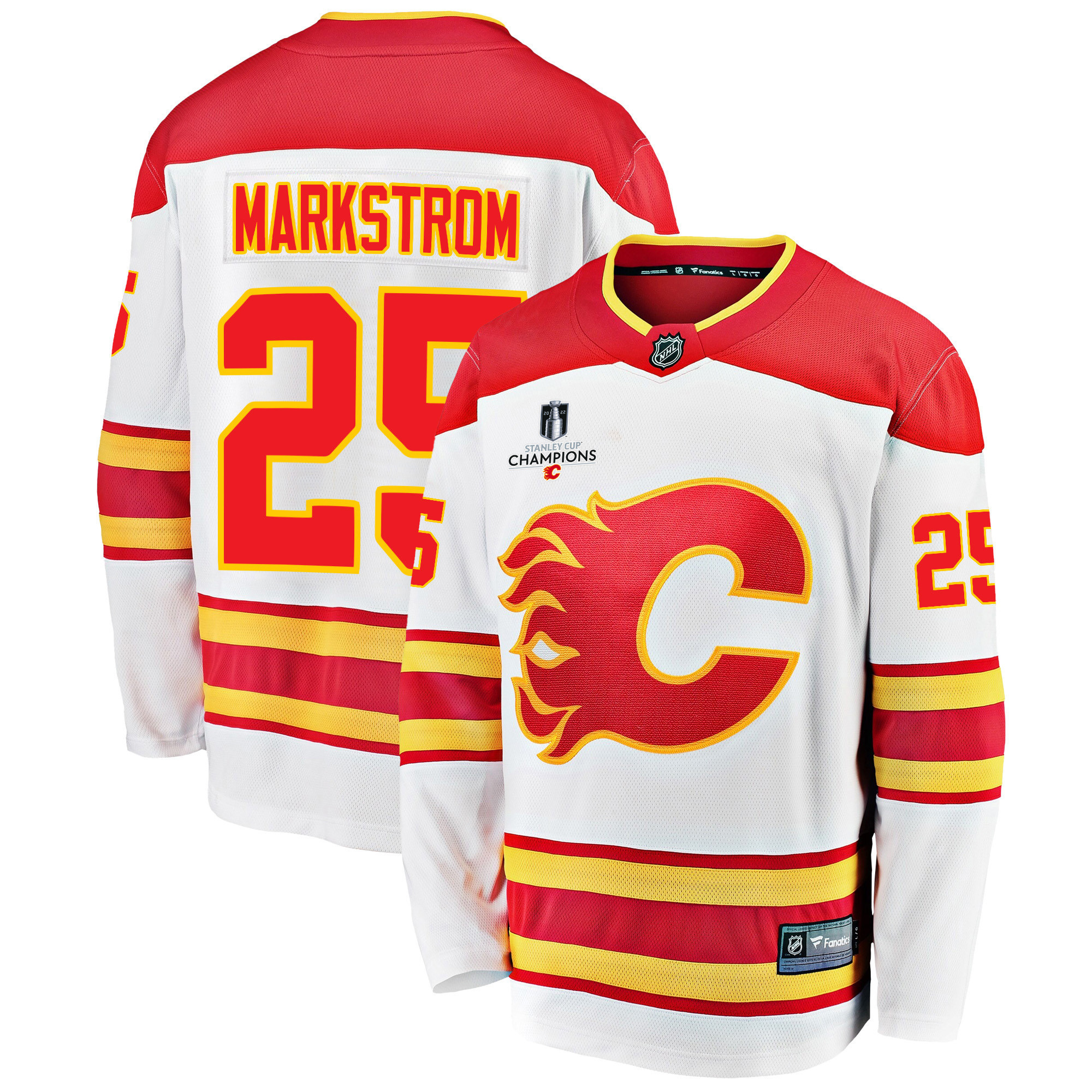 Calgary Flames Jacob Markstrom 25 Away 2022 Stanley Cup Champions Breakaway Men Jersey – White