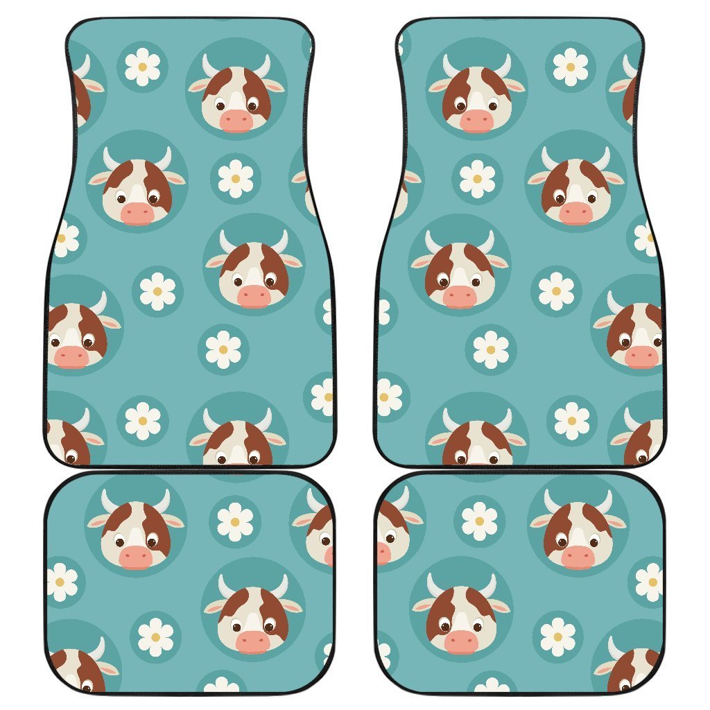 Cute Cow And Daisy Flower Pattern Print Front And Back Car Floor Mats, Front Car Mat