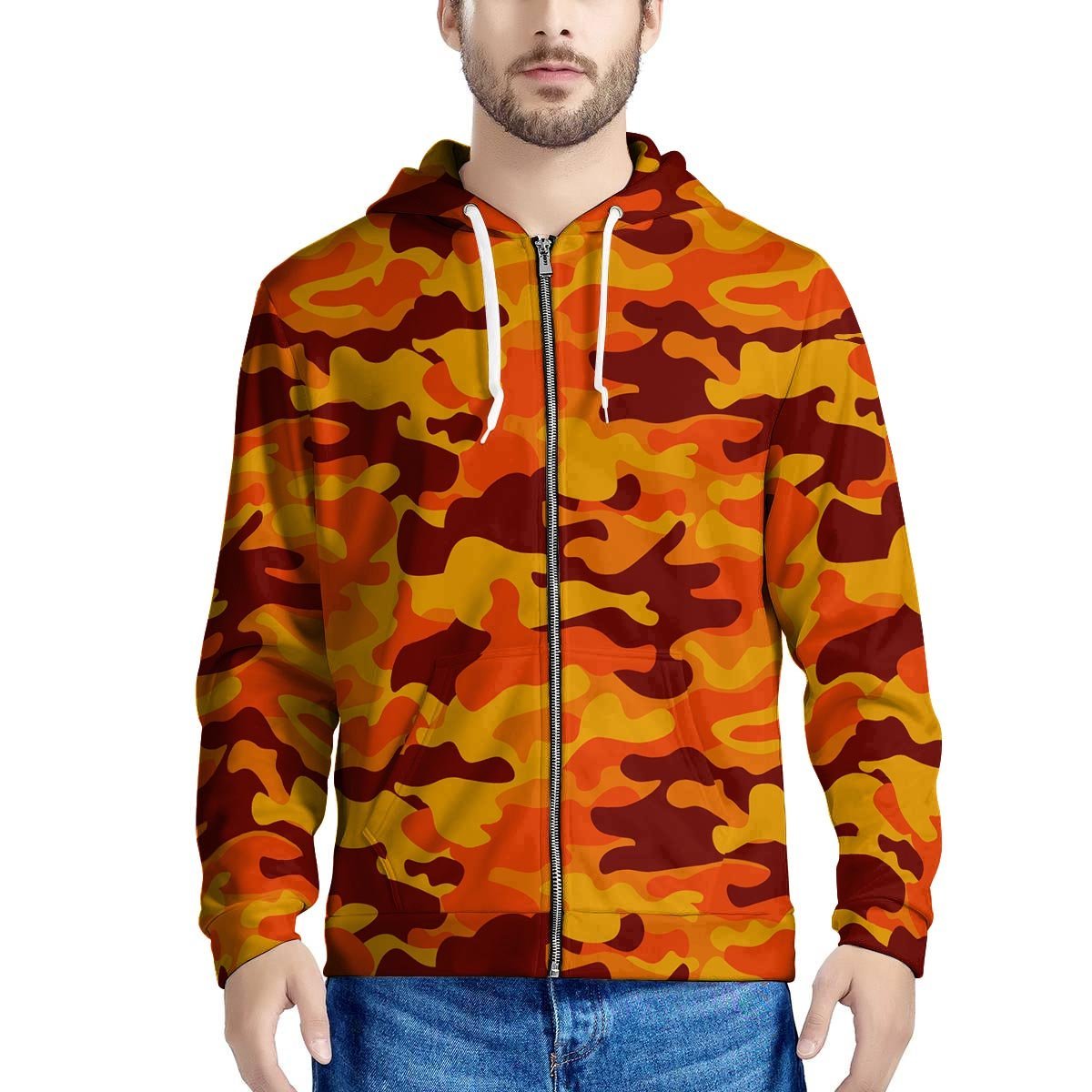 Orange Camo Print Men’S Zip Up Hoodie