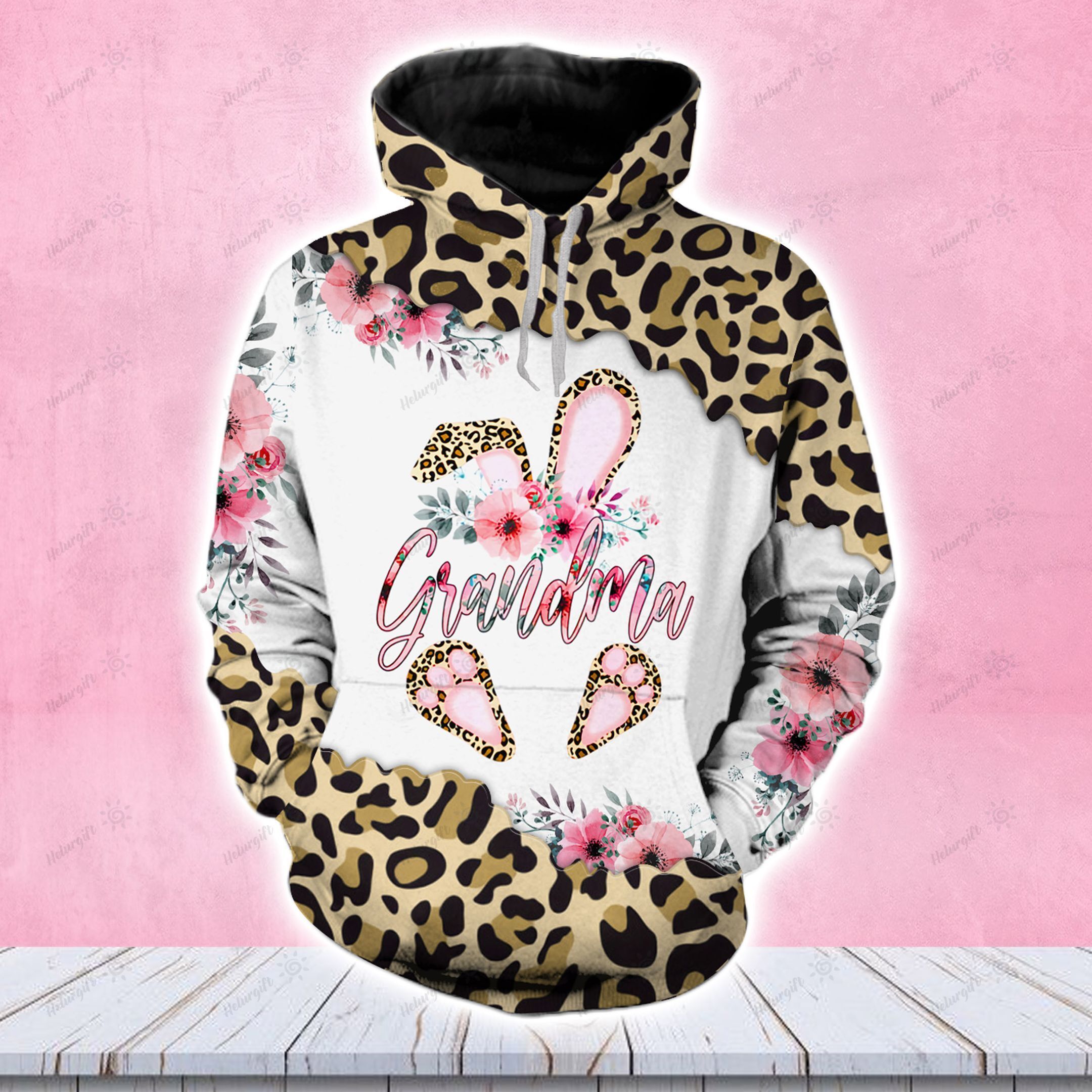 Grandma Bunny Easter Leopard 3D All Over Printed Hoodie Set