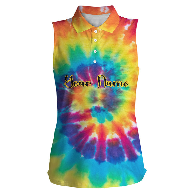 Womens Sleeveless Polo Shirts With Colorful Tie Dye Background Custom Name Golf Shirt, Golfing Gift