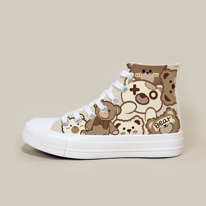 Kawaii Brown Bear High Top Canvas Shoes – Women’S