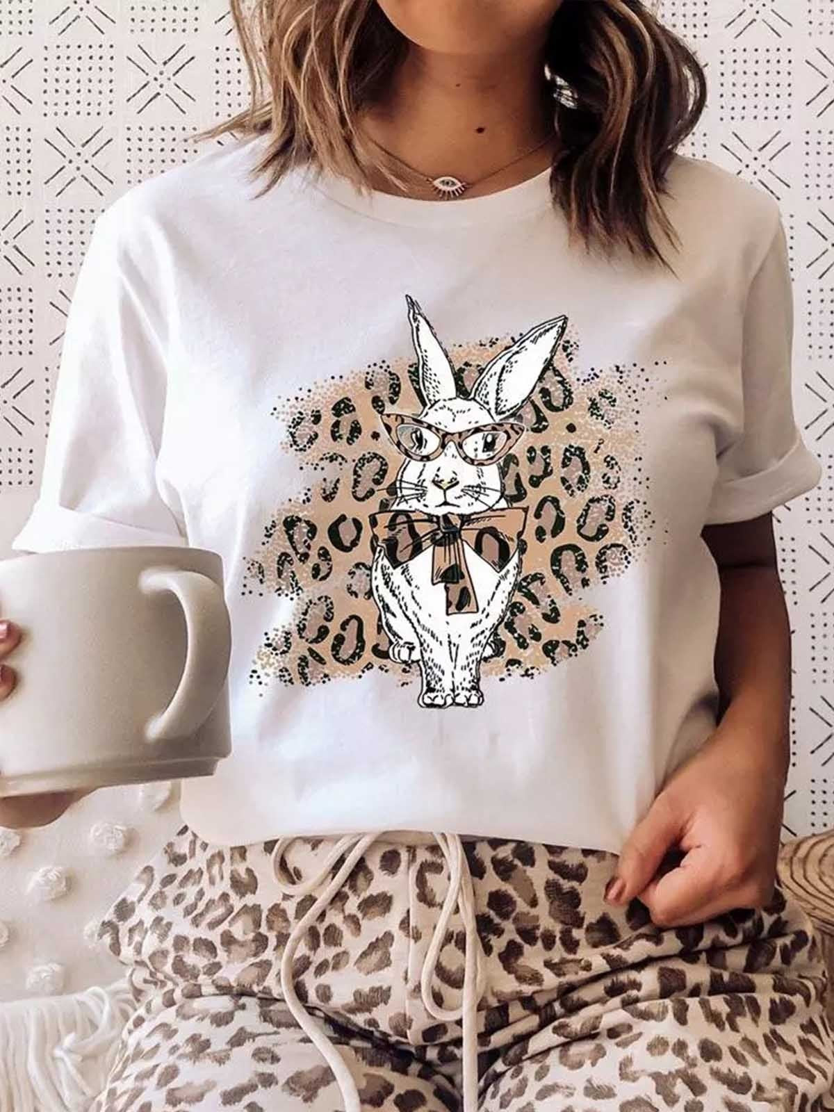 Women Easter Rabbit Leopard Crewneck T-Shirt