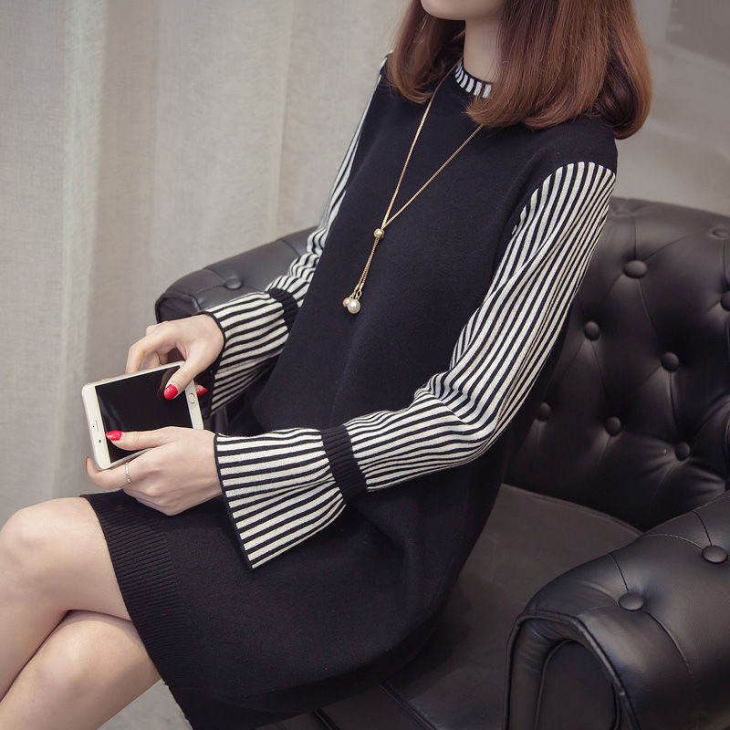 Autumn And Winter New Sweater Round Neck Dress Korean Version Of Loose Fashion Women Hedging Base Mid-length Knitted Dress alx