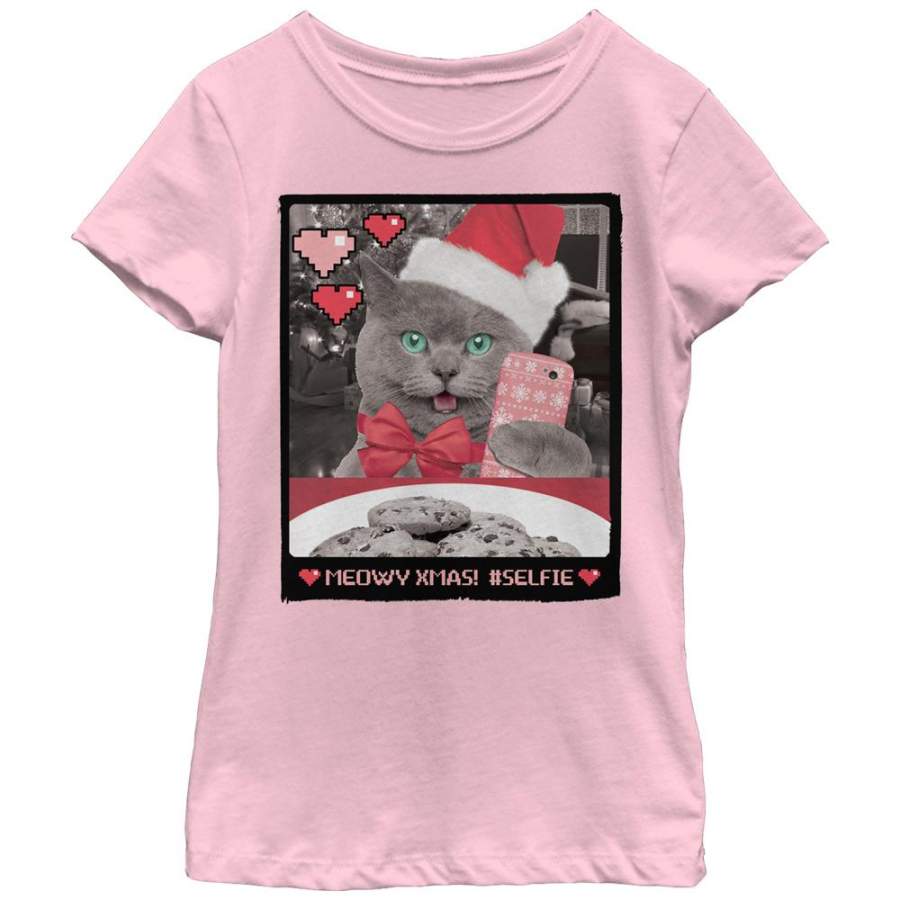 Lost Gods Girl’s Christmas Kitten Cookie Selfie  T Shirt Light Pink