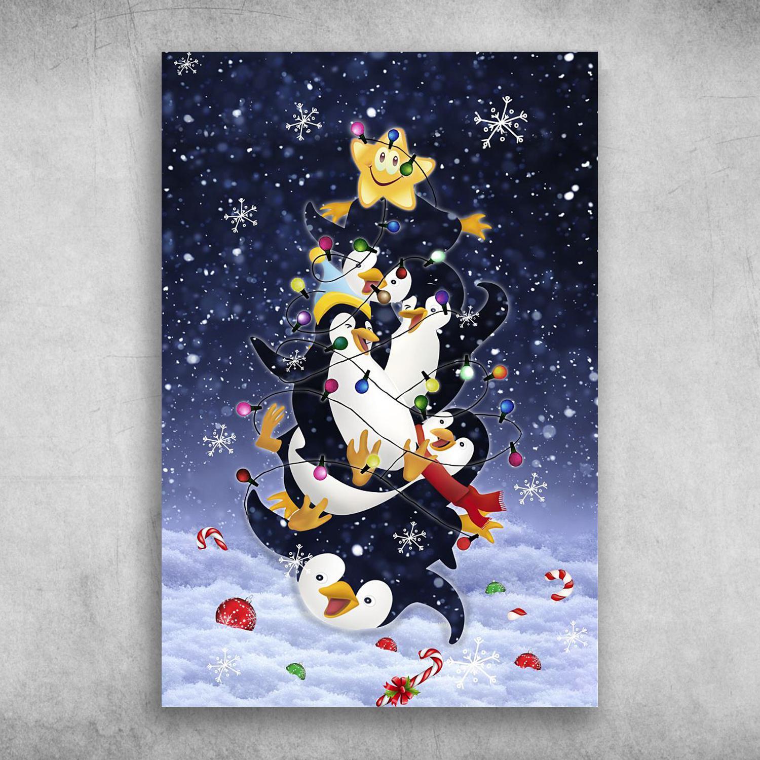 Penguin Christmas Tree Merry Christmas Poster Print Wall Art Canvas Wall Decor