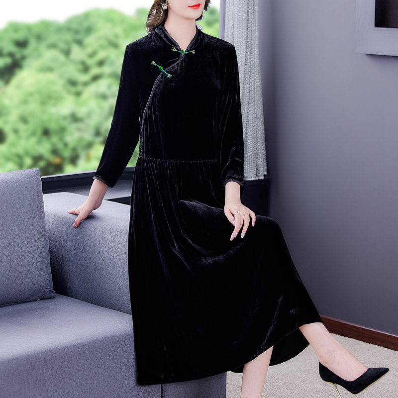 2022 Chinese Style Black Long Sleeve Velvet Warm Midi Dress Winter Elegant Office Solid Dresses Autumn Vintage Casual Vestidos alx