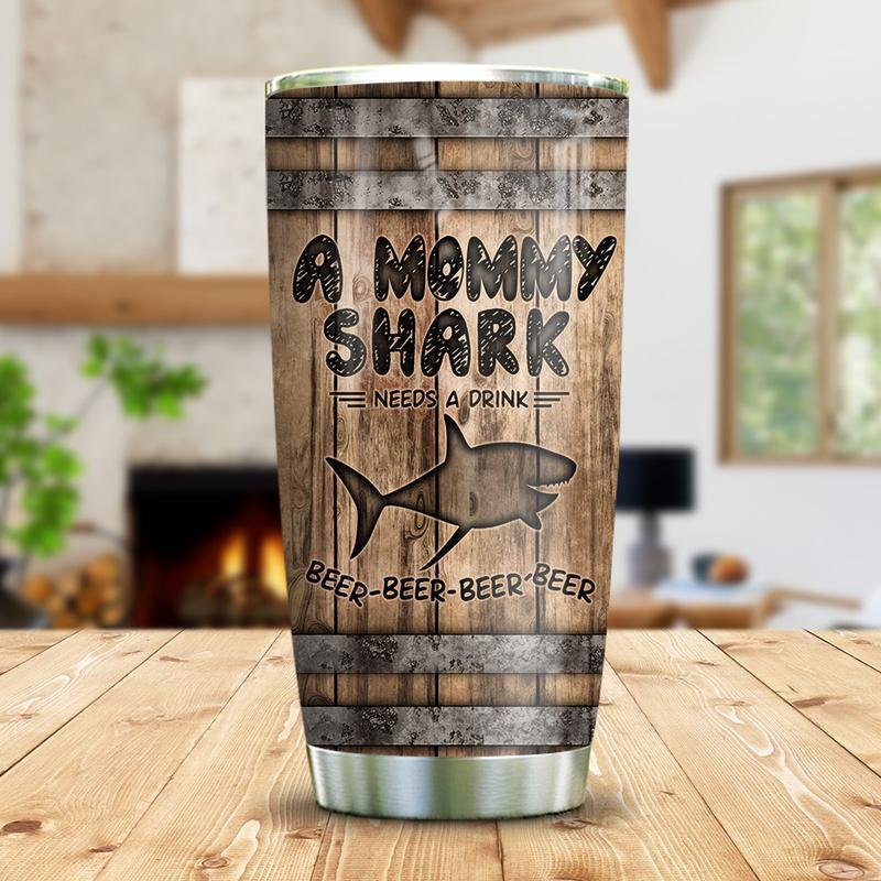 Wooden Style Shark Mommy Beer Stainless Steel Tumbler Cup | Travel Mug | Tc4998