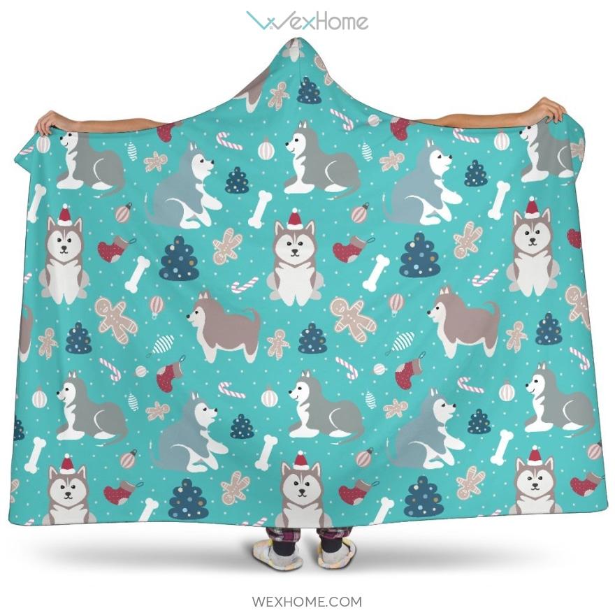 Christmas Cute Siberian Husky Puppie Pattern Hooded Blanket