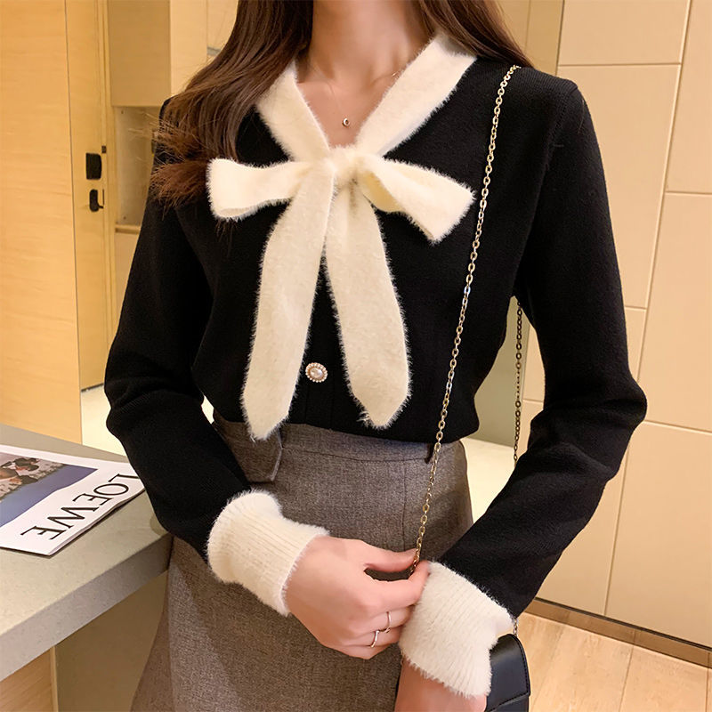 Bow Anti-Aging Sweater Women’s Fall Winter Outer Wear Knitted Long-Sleeved Top alx