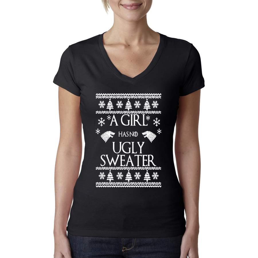 A Girl Has No Ugly Sweater Christmas Womens Junior Fit V-Neck Tee