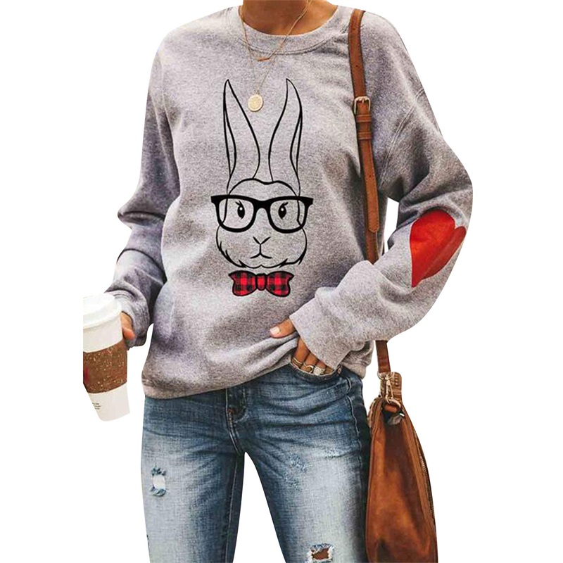 Spring Couple Easter Loose Fit Pullover Sweatshirts Girl Cute Bunny Print Casual Round Neck Tops Female Grey Warm Long Sleeve alx