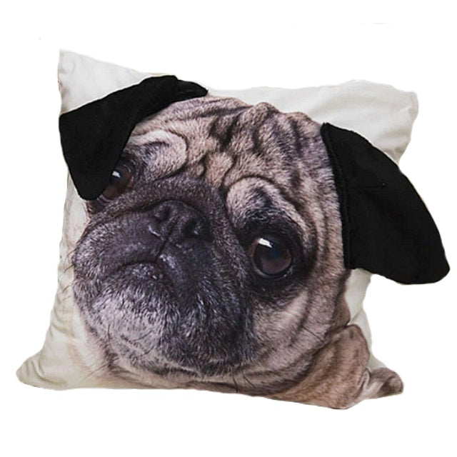 18″ Adorable Pug Puppy Face Throw Pillow Cover W/ Ears