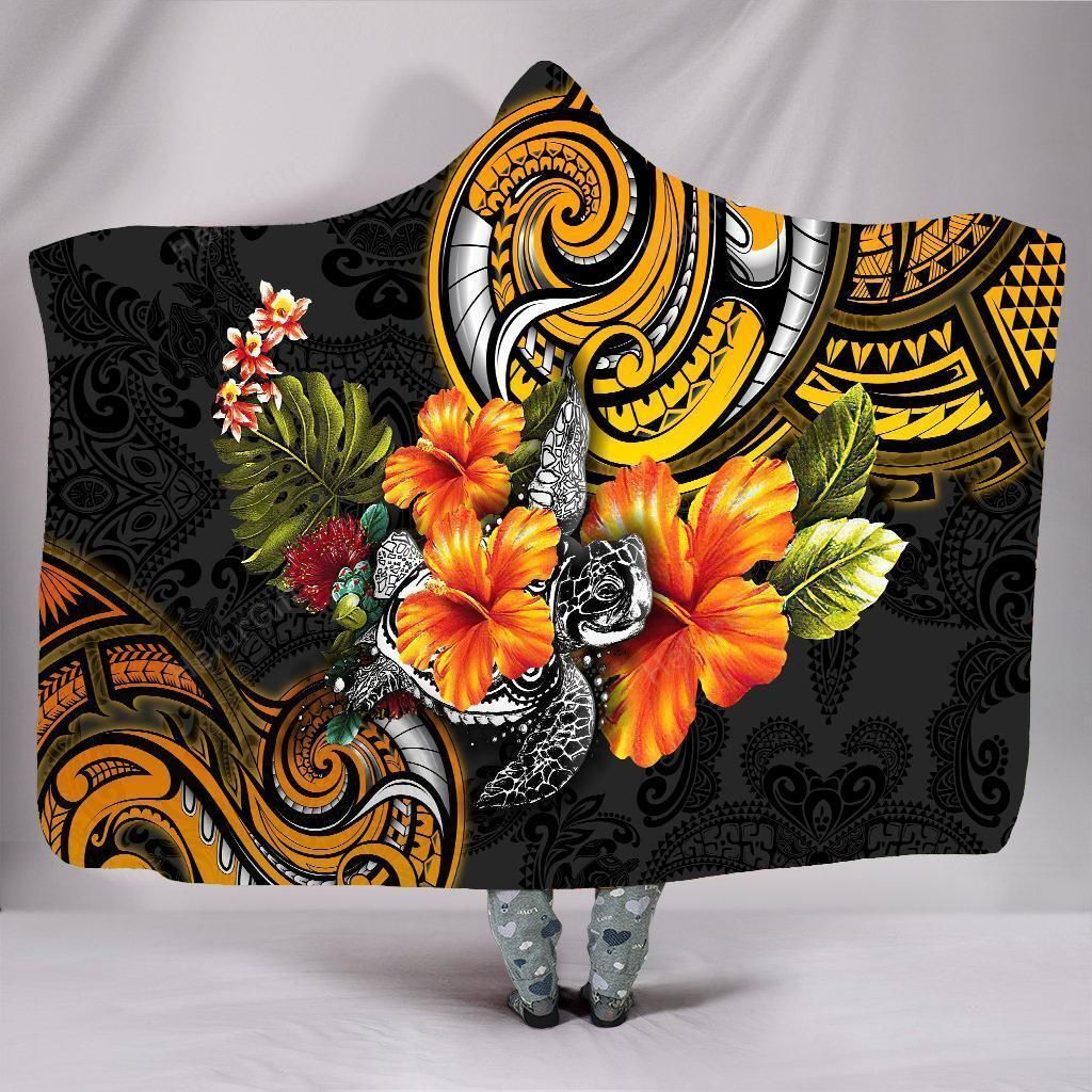 Amazing Polynesian Turtle Hibiscus 3D Over Printed Hooded Blanket for Men and Women