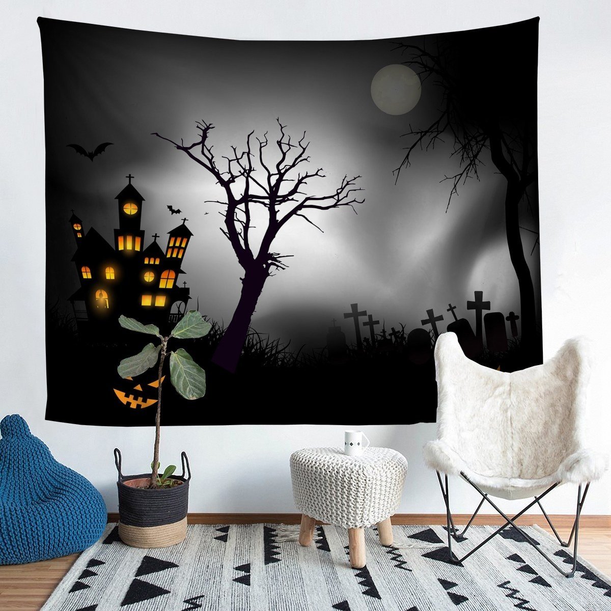 Halloween Theme Bedding Throw Blanket Kids Boys Teens Pumpkin Lantern Castle Night Tapestries Wall Hanging Horrible Cemetery Tapestry Luxury Wall Blanket,Bedding Collection