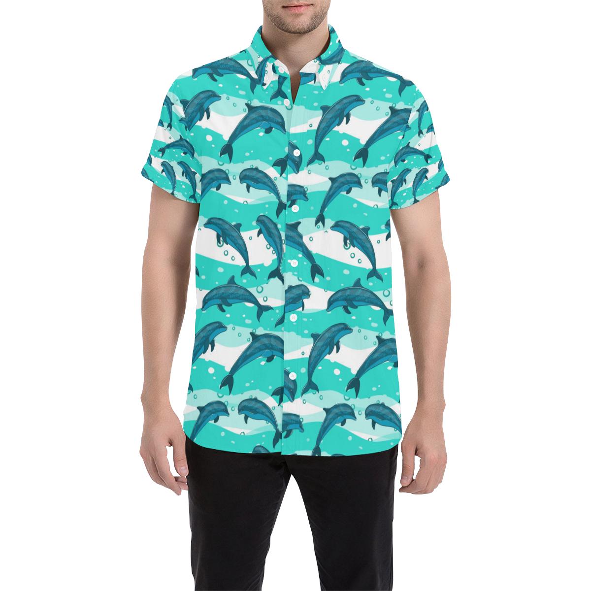 Dolphin Design Print Pattern Men Button Up Shirt