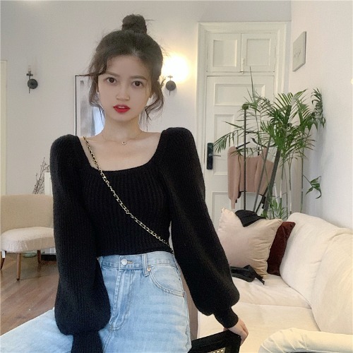 Woherb Cropped Knitwear Pullovers Fall 2022 Woman Sweaters for Women Sexy Square Collar Lantern Sleeve Jumper Sweet Sueter Mujer alx